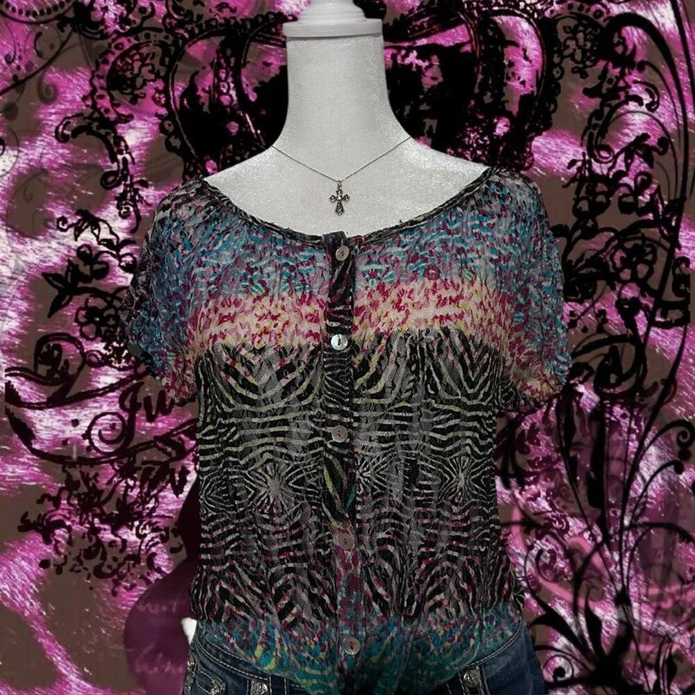 zebra swirl print washed abstract watercolor sheer y2k top - Picture 7 of 8